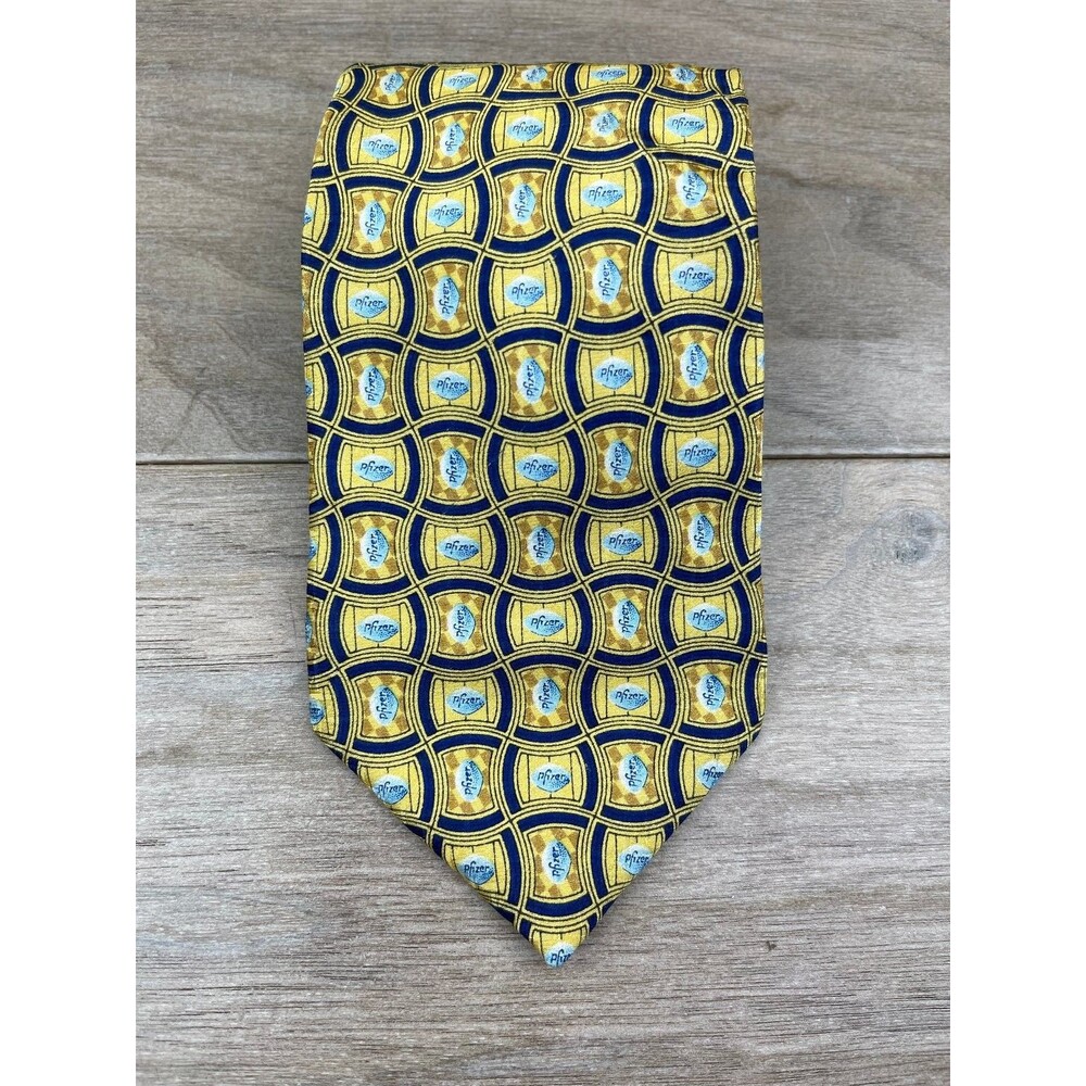 Pfizer Men's Tie Yellow Blue Silk Patterned Corporate Logo